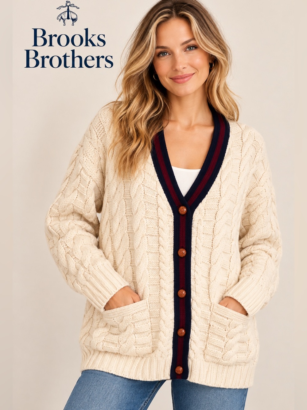 Brooks Brothers Cable Knit Vintage Cardigan – Wool – Navy & Burgundy Trim